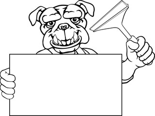 A bulldog window cleaner or car wash cleaning cartoon mascot man holding a squeegee washing tool