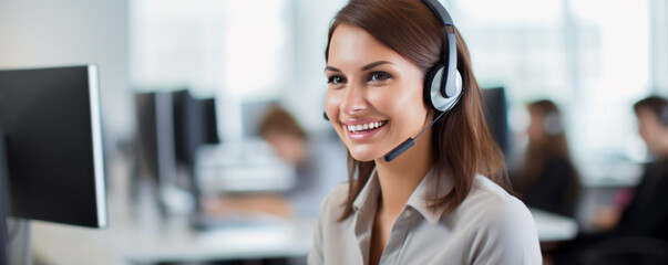 Call center agent with headset working on support hotline in modern office. Video conference. Оnline training.