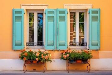 freshly-painted wooden window shutters in french style