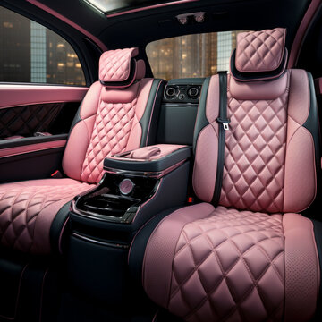 Fotografia con detalle de asientos traseros de vehiculo de lujo, con tapiceria de cuero en tonos rosa y negro, con costuras y acolchados