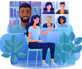 A woman, person, conference calling using a laptop computer on an online internet virtual video conference call team meeting. Conferencing concept cartoon illustration.