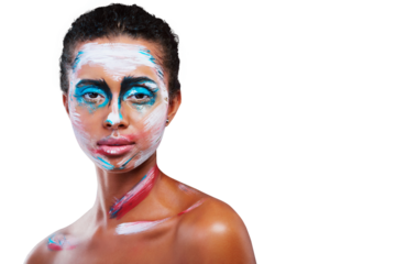 Female model, texture and multicolor for makeup in portrait, creative or design on face for artwork. Woman, bright cosmetic and serious expression in glamour on isolated or transparent png background