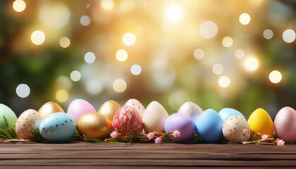 Eggs painted on wooden table with blurred lights , easter concept