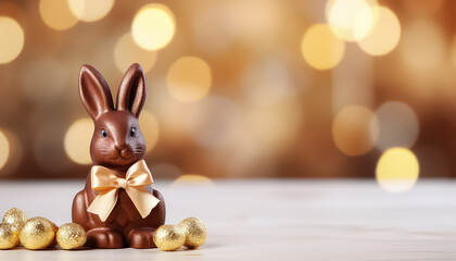 Fototapeta na wymiar Chocolate bunny on the background of blurred lights, easter concept