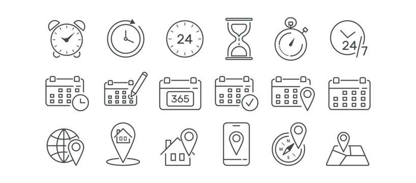 Time, date, location icon set. Place, home, yearly, compass, map, mark, round the clock vector illustration. Editable stroke