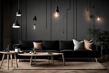 black sofa and cozy lights in the living room