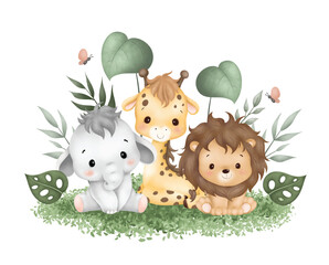 Watercolor Illustration cute baby safari animals sit on green grass and tropical leaves © Stella
