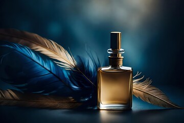 golden perfume flacon , blue and gold feathers background , expensive cosmetic container template - obrazy, fototapety, plakaty