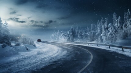 Snowy and frozen curving winter road with a moving car on it.
