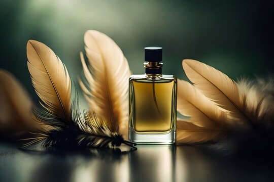 golden and green perfume bottle concept , feather decoration background