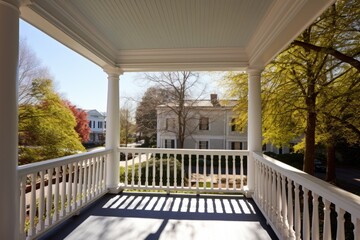 gabled roof of a greek revival porch on a sunny day