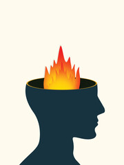  depression, mental health disorder conceptual burning head vector illustration. 