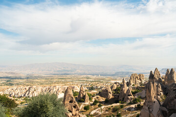 Homes carved into the rocks by ancient people, a top view of Cappadocia, Turkey.