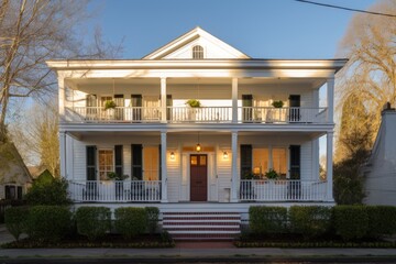 greek revival house with a front porch, sunshine lighting up the facade