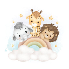 Watercolor Illustration cute baby animals on rainbow and stars