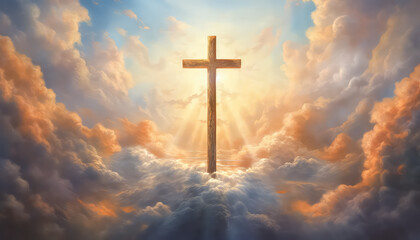 The cross shines and descends from the sky with the sun's glow, easter concept - obrazy, fototapety, plakaty
