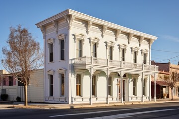 Obraz premium italianate style building with white deep eaves against a clear sky