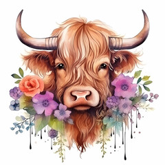 Portrait of a highland cow bull with flowers. Watercolor illustration.