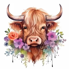 Foto op Canvas Portrait of a highland cow bull with flowers. Watercolor illustration. © 3dillustrations