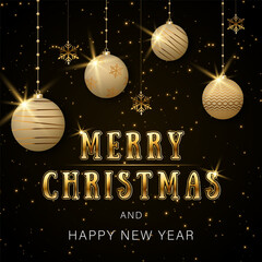 Christmas background with elegant golden balls decoration and inscription Merry Christmas and Happy New Year. Template for Christmas banner, greeting card. Vector illustration.