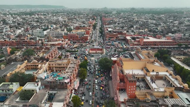 Aerial view of Hawa Mahal. Hawa Mahal, also known as Palace of Breeze and Palace of Winds, is one of the popular tourist destinations in Jaipur, Rajasthan, India.