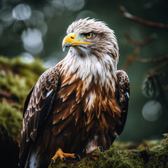 Obraz premium Fotografia de aguila posada sobre rama con vegetación