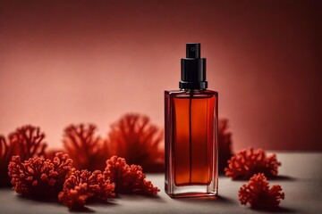Obraz na płótnie Canvas vermilion red perfume bottle presentation , flacon and red corals decoration
