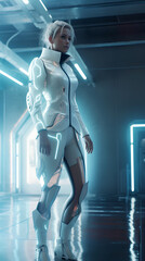 Fototapeta na wymiar Young woman in futuristic costume indoors on neon light background. Fashion of future concept.