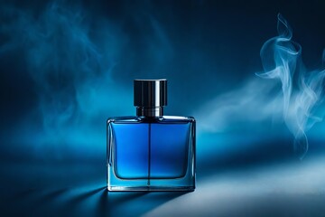 blue perfume bottle in foggy background