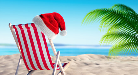 Beach chair with Santa Claus hat at summer beach - 2024 holiday concept - 3D illustration	

