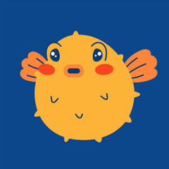 Vector seamless blue pattern. Undersea world. Red corals. Funny cute puffer fish character. Printable flat children's pattern for textiles, fabrics, wallpaper, packaging.