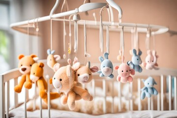 Close-up baby crib with musical animal mobile at nursery room. Hanged developing toy with plush fluffy animals - obrazy, fototapety, plakaty