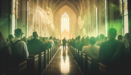 A church with parishioners and a magic green light , concept St.Patrick 's Day - obrazy, fototapety, plakaty