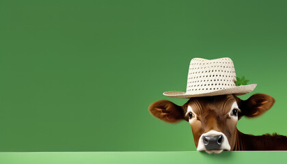Cow in a hat on a green background, concept St.Patrick 's Day - Powered by Adobe
