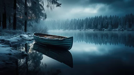 Foto op Canvas A Boat on the Lake at Sunset with fog  Landscape background, calm  © Planetz