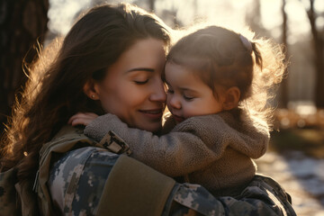 Obraz premium A strong soldier woman. A soldier mother returning home and embracing her child.