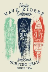 Fotobehang California West Coast wave rider surfing team grunge vintage surfboard vector print for kids boy summer wear tee shirt © PrintingSociety