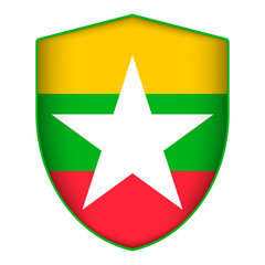 Myanmar flag in shield shape. Vector illustration.
