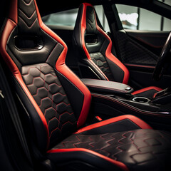 Fotografia con detalle y textura de asientos delanteros deportivos, con combinación de tapiceria en rojo y negro - obrazy, fototapety, plakaty
