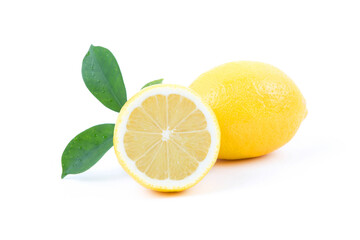 Fresh lemon with leaves on a white background