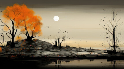 sunset over the lake, Abstract landscape minimalist, orange black art wallpaper illusrtration