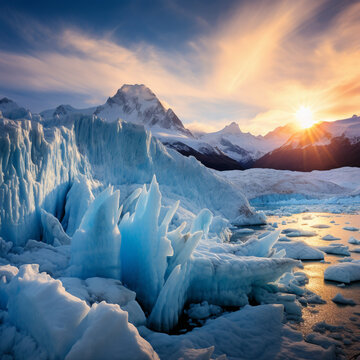 Fotografia de paisaje natural con detalle de multitud de glaciares con luz de atardecer y reflejos en agua