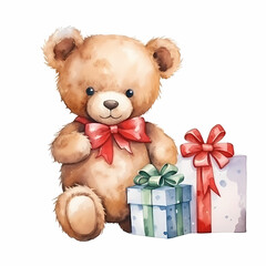 Cute Christmas bear toy with gifts. Watercolor illustration.