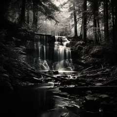 Deurstickers fotografia en blanco y negro con detalle de cascada entre rocas y arboles © Iridium Creatives