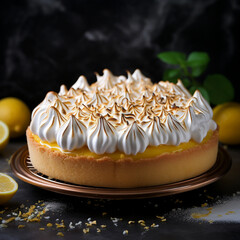 Fotografia con detalle de pastel de crema de limon con merengue - obrazy, fototapety, plakaty