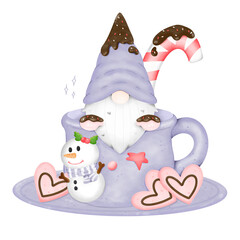 Watercolor Gnome Christmas cartoon in the glass hot chocolate with snowman and cookies PNG  