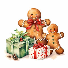 Christmas gifts and gingerbread character. Watercolor illustration.