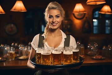 portrait  of beautiful blonde woman waitress in national clothes brings glasses of beer to the table of customers in a pub
