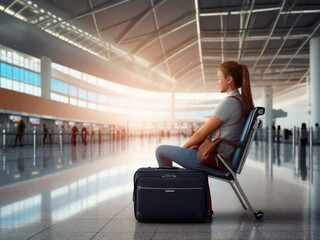 Young woman with suitcase at the airport. Travel and tourism concept.IA generativa
