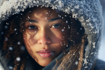 Generative AI portrait young person playing outside winter snowy day activity